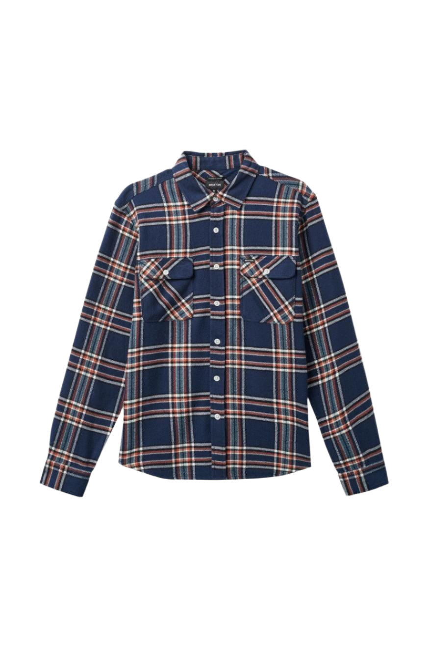 BRIXTON Bowery Flannel Washed Navy/Off White/Terracotta Men's Long Sleeve Button Up Shirts Brixton
