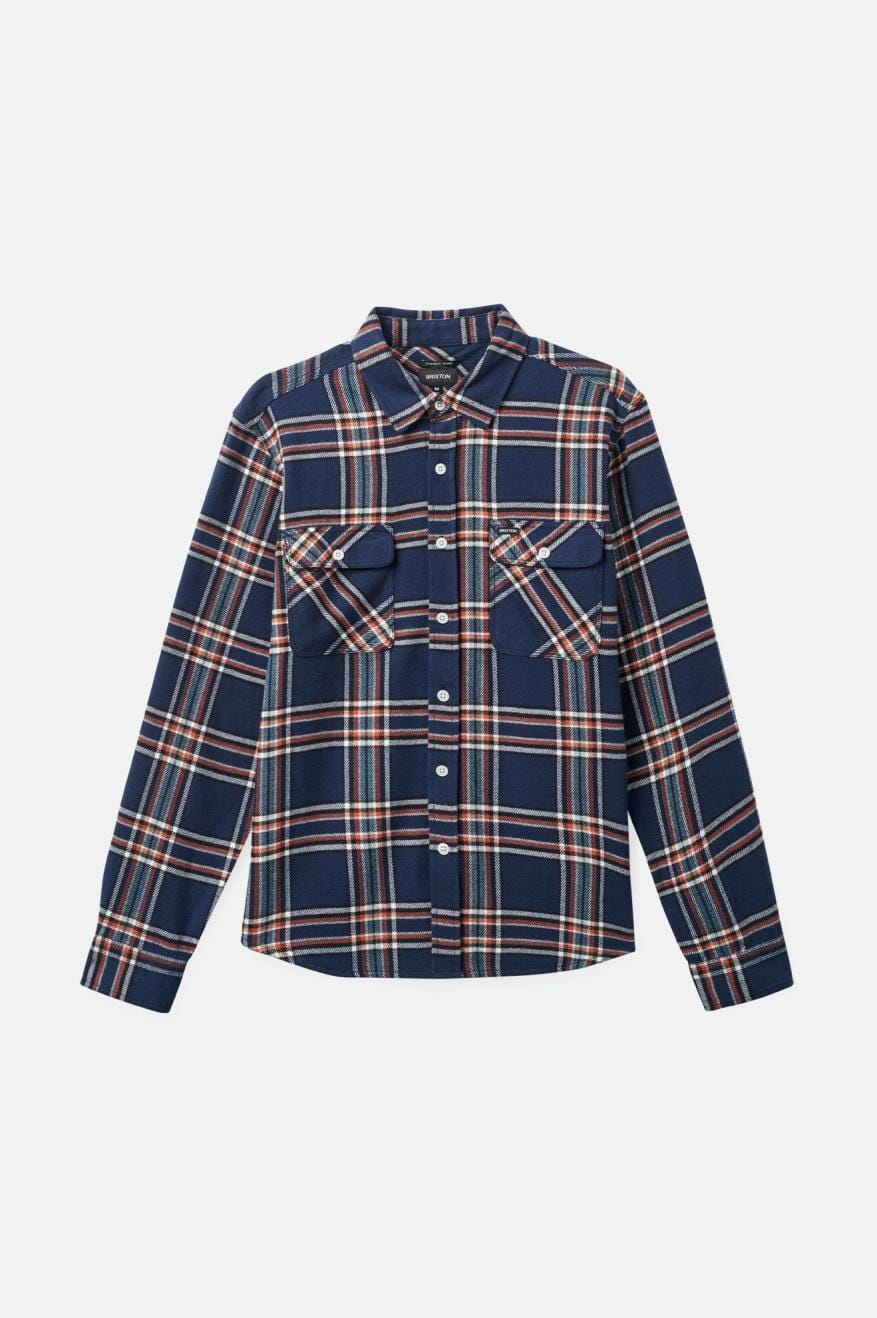 BRIXTON Bowery Flannel Washed Navy/Off White/Terracotta Men's Long Sleeve Button Up Shirts Brixton 