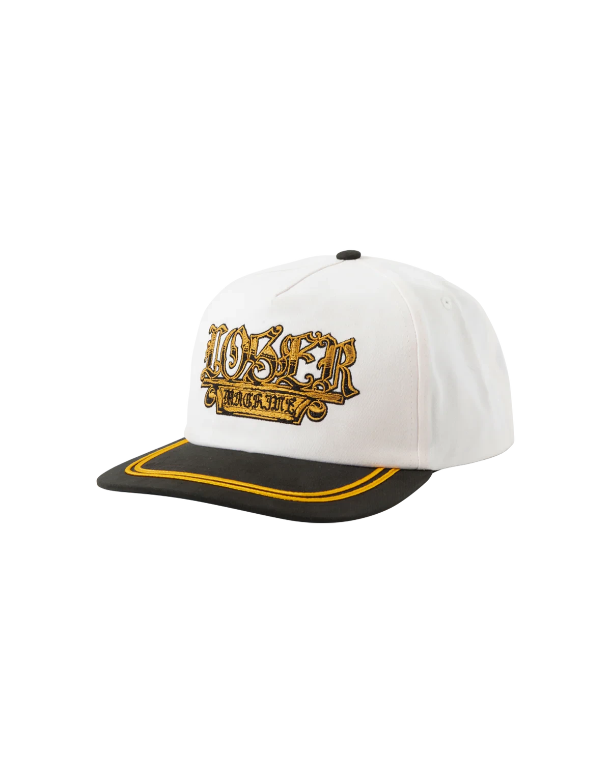 LOSER MACHINE Plaque Snapback Hat White/Black Men's Hats Loser Machine