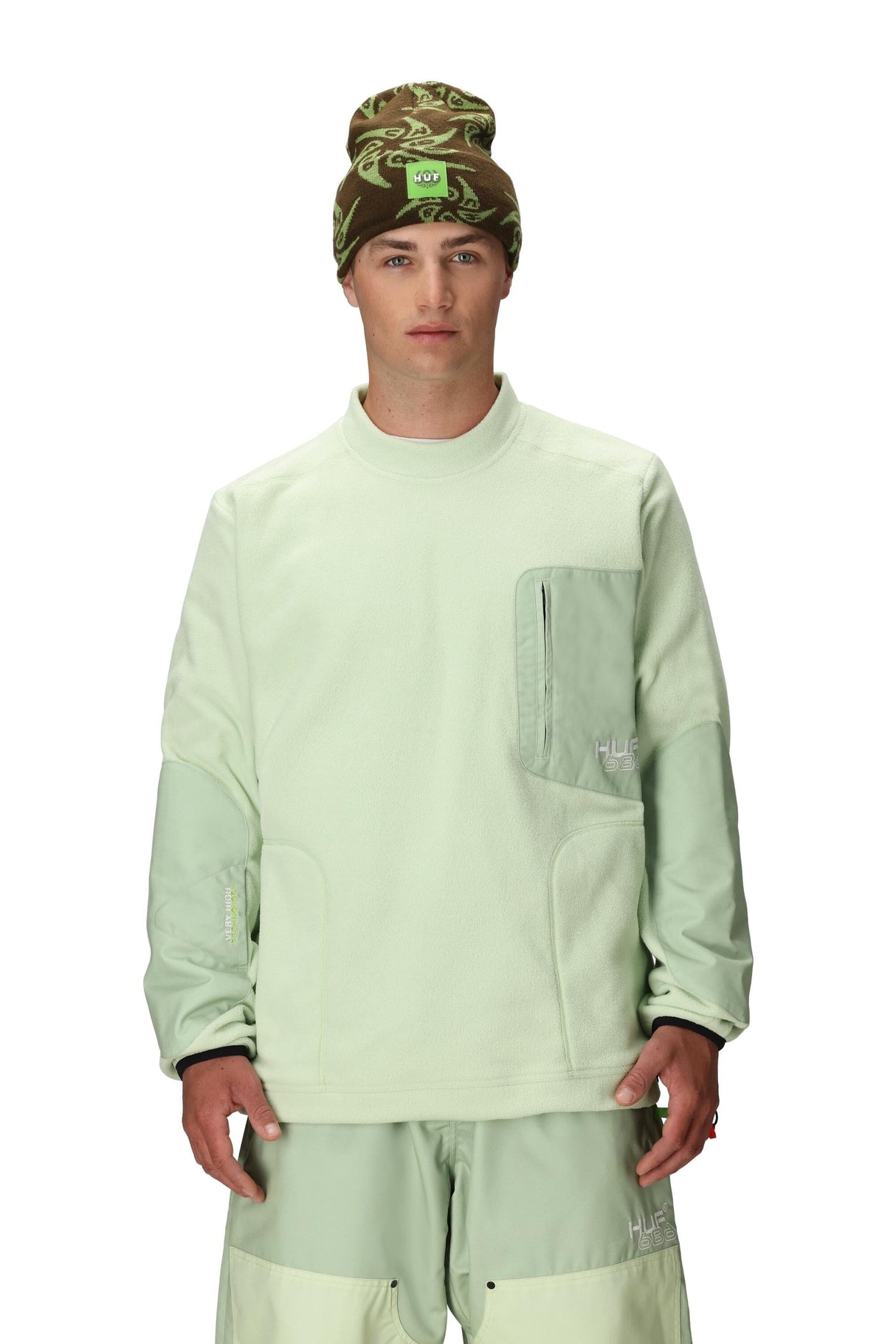 686 HUF Fleece Crewneck HUF Green Colorblock Men's Base Layers 686