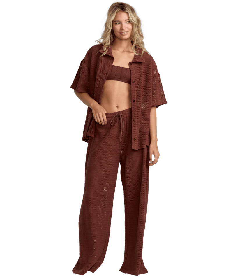 RVCA Women's Fade Crochet Shirt Mocha Women's Cover Ups and Kimonos RVCA