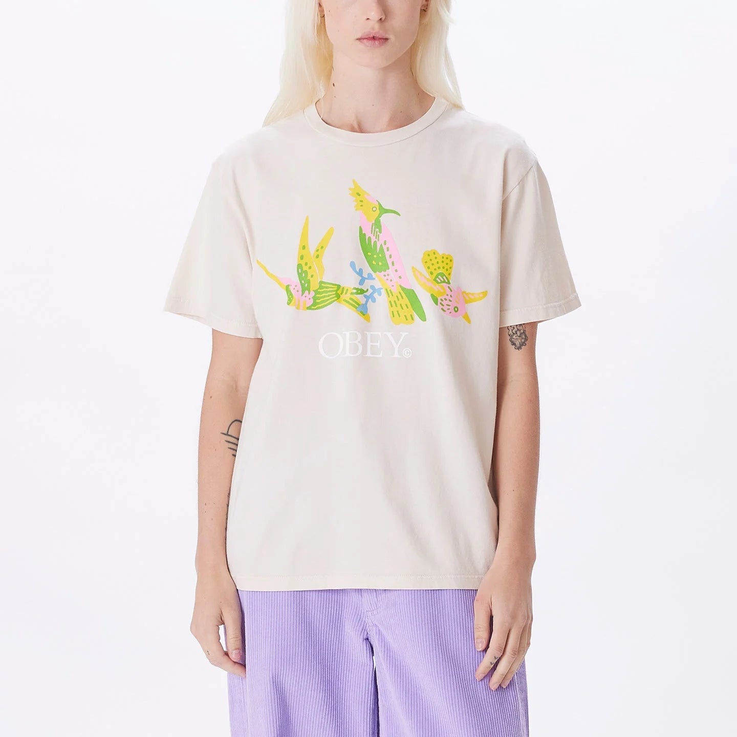 OBEY Women's Bird Flock Pigment Dye Choice T-Shirt Sago Women's T-Shirts Obey 