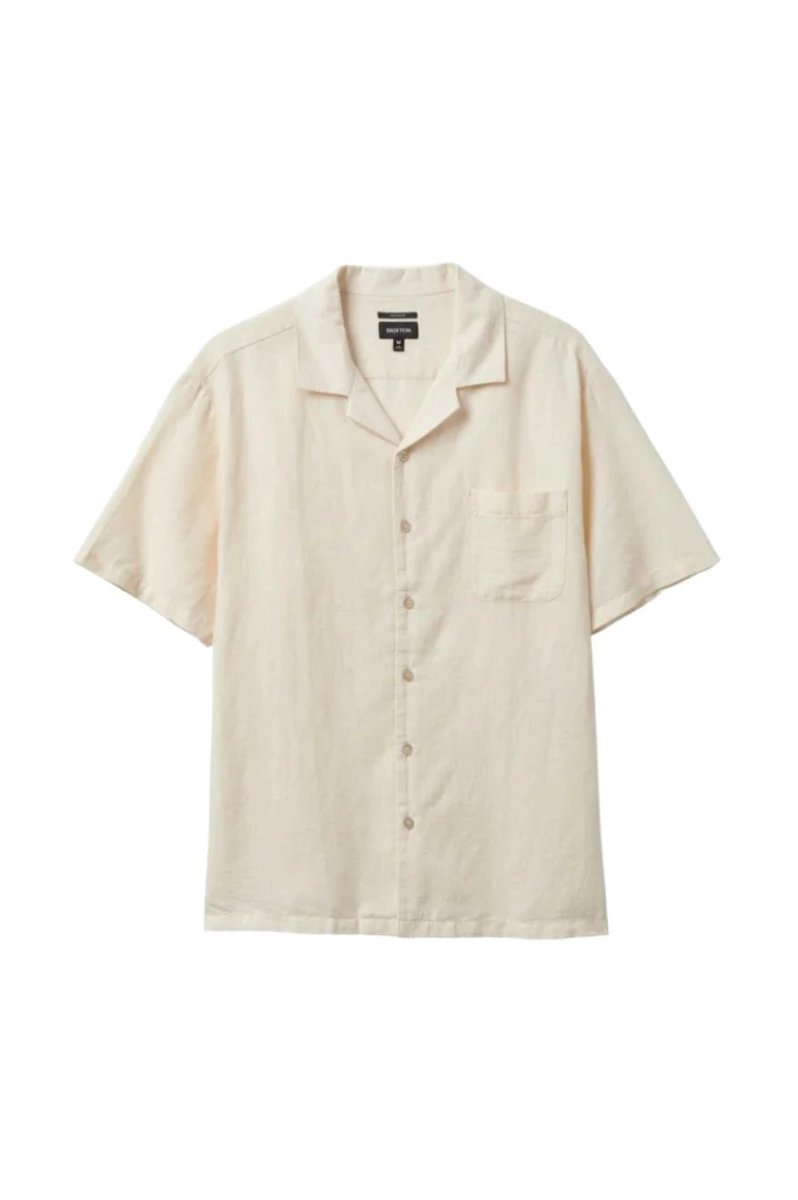 BRIXTON Bunker Linen Blend Camp Collar Shirt Whitecap Men's Short Sleeve Button Up Shirts Brixton 