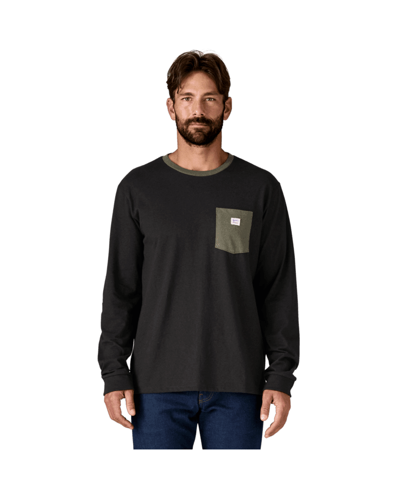 PATAGONIA Shop Sticker Pocket Responsibili-Tee Long Sleeve T-Shirt Black/Basin Green Men's Long Sleeve T-Shirts Patagonia