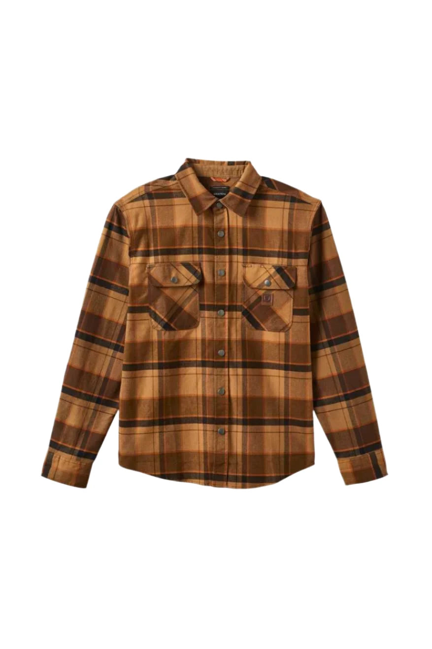 BRIXTON Builders Bowery Stretch Water Resistance Flannel Burro Brown/Pinecone Brown/Black Men's Long Sleeve Button Up Shirts Brixton
