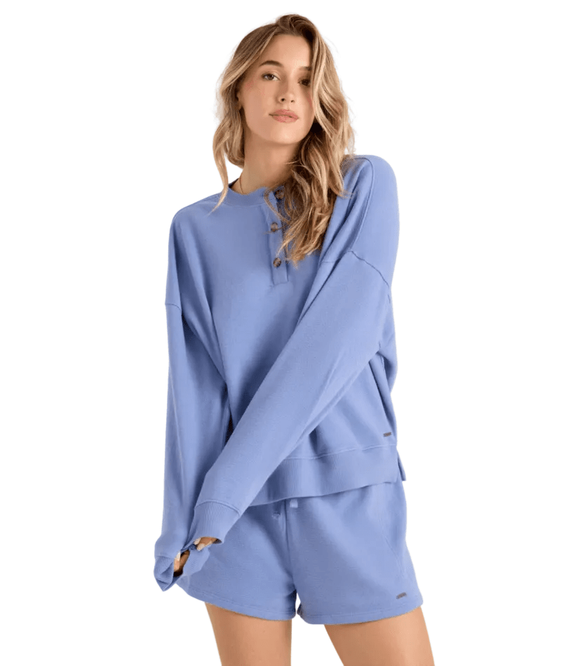 VOLCOM Women's Lived In Fleece Henley Crewneck Sweater Horizon Blue Women's Crewnecks Volcom