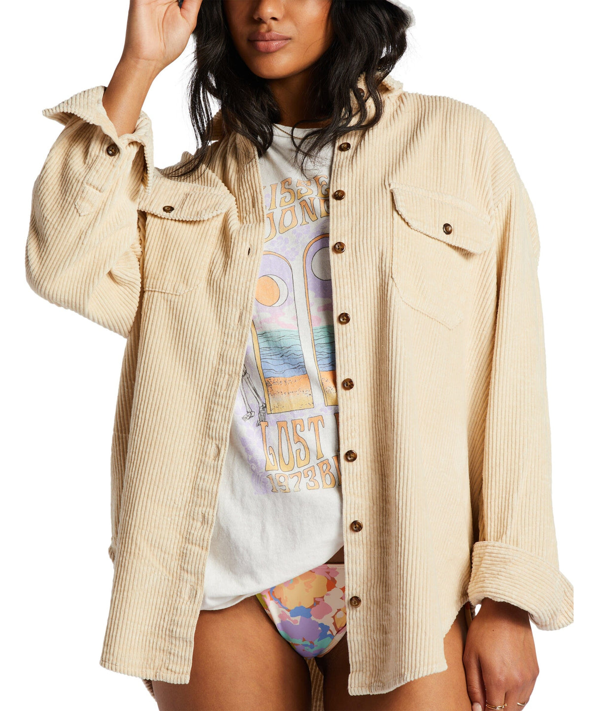 BILLABONG Women's So Stoked Cord Long Sleeve Top Antique White 2 Women's Flannels and Button Ups Billabong