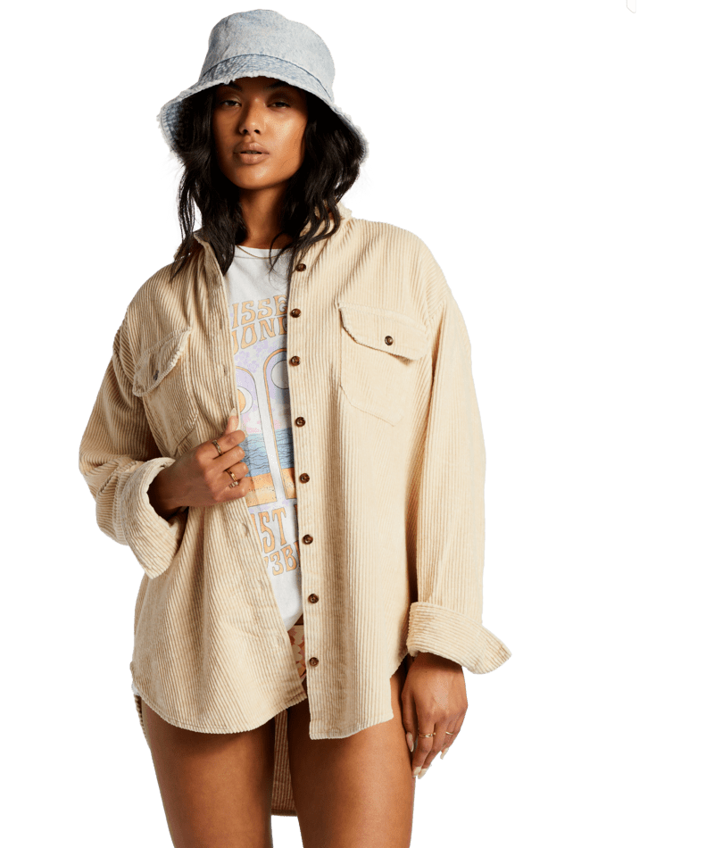 BILLABONG Women's So Stoked Cord Long Sleeve Top Antique White 2 Women's Flannels and Button Ups Billabong 
