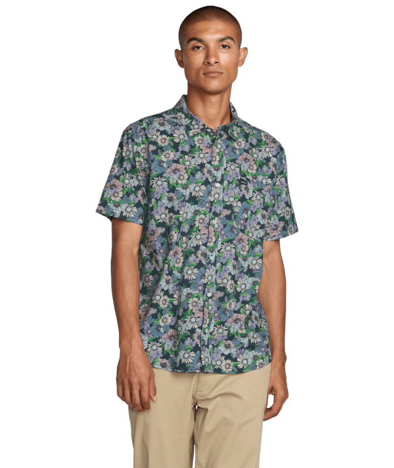 RVCA Botanical Short Sleeve Button Up Garage Blue Men's Short Sleeve Button Up Shirts RVCA