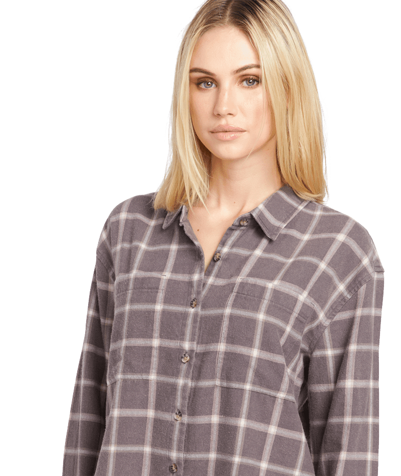 VOLCOM Women's Plaid To Meet U 2 Long Sleeve Shirt Dark Grey Women's Flannels and Button Ups Volcom