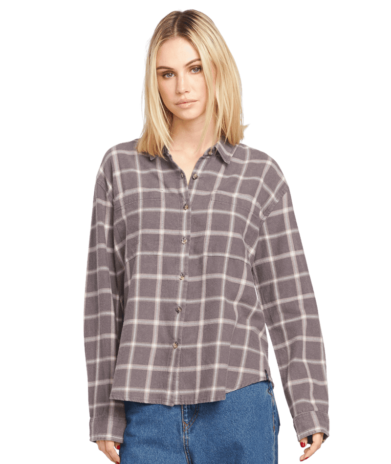 VOLCOM Women's Plaid To Meet U 2 Long Sleeve Shirt Dark Grey Women's Flannels and Button Ups Volcom
