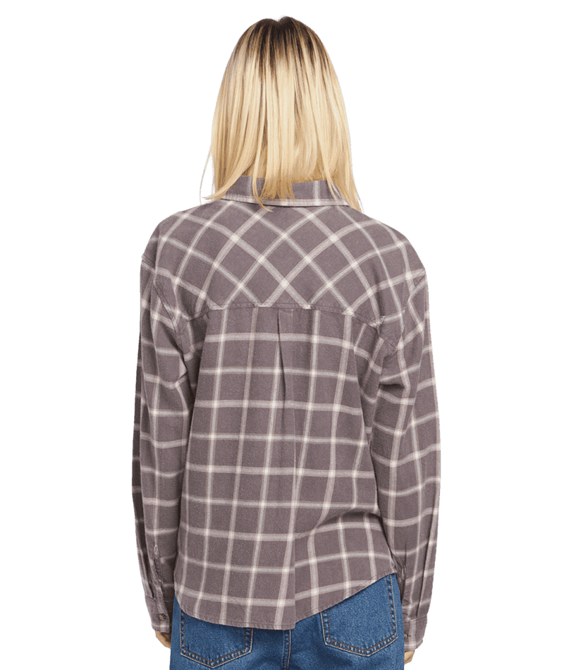 VOLCOM Women's Plaid To Meet U 2 Long Sleeve Shirt Dark Grey Women's Flannels and Button Ups Volcom