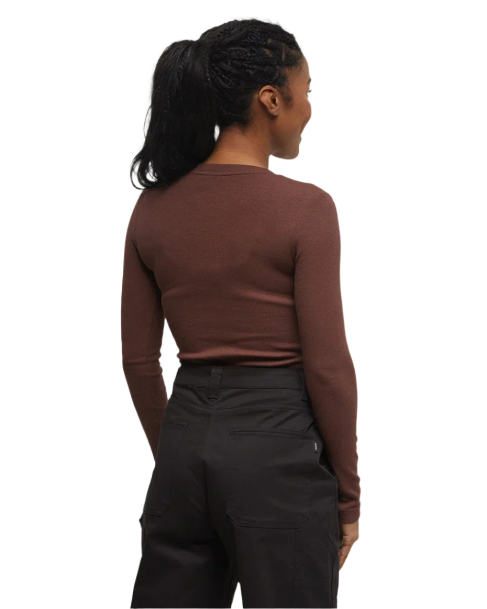 TENTREE Women's Rib Snap Placket Henley Longsleeve Shirt Deep Mahogany Women's Long Sleeve T-Shirts Tentree