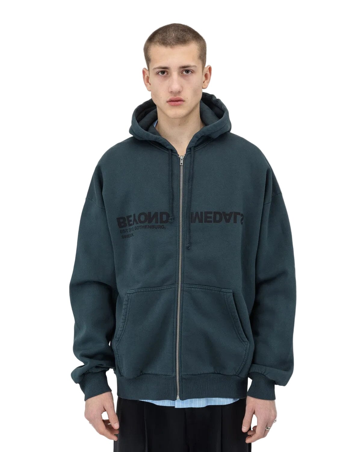 BEYOND MEDALS Reverse Logo Zip Hoodie D.Blue Men's Zip Hoodies Beyond Medals
