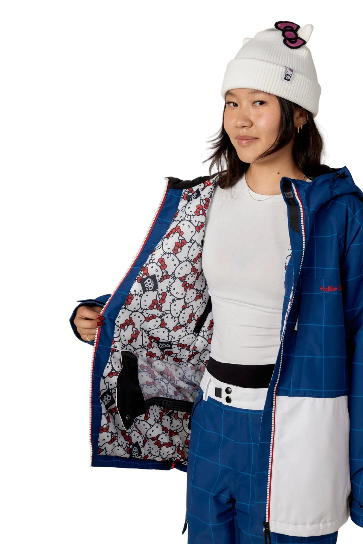 686 Women's Athena Insulated Snow Jacket Hello Kitty Blue Grid Colorblock 2026 Women's Snow Jackets 686