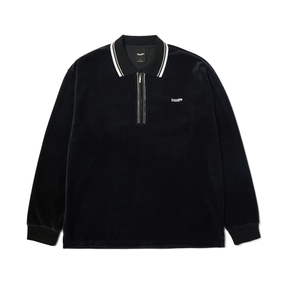 HUF Parker Velour Long Sleeve Polo Shirt Black Men's Long Sleeve T-Shirts Huf