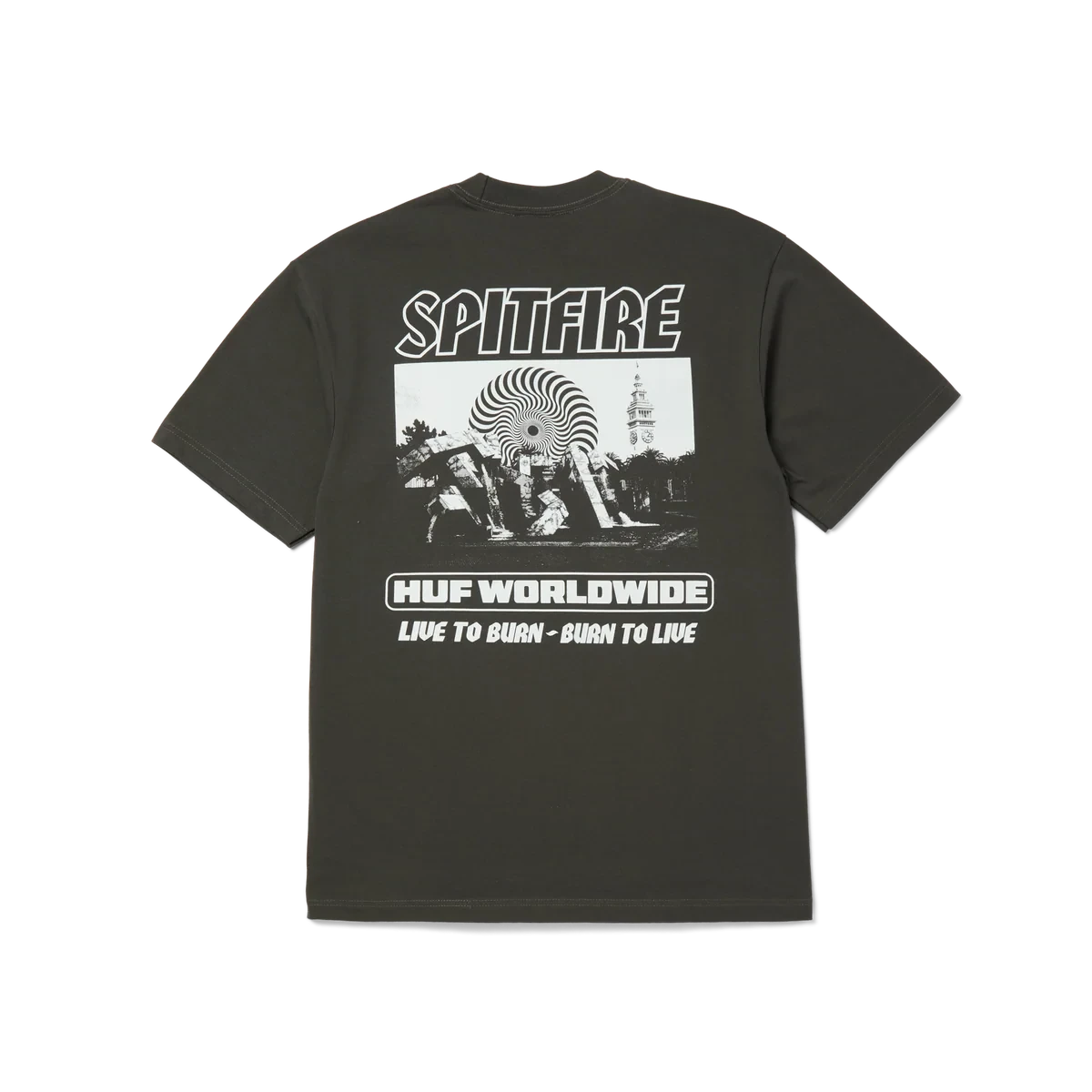 HUF X Spitfire Burn Heavyweight T-Shirt Washed Black Men's Short Sleeve T-Shirts Huf
