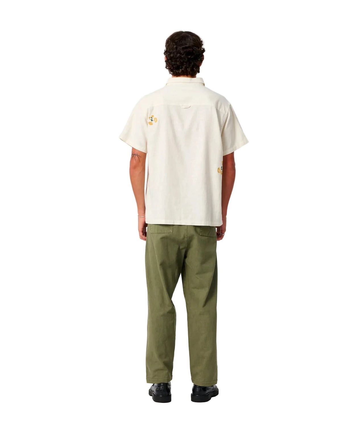 CRITICAL SLIDE Peace Flower Embroidery Short Sleeve Button Up Ecru Men's Short Sleeve Button Up Shirts The Critical Slide Society