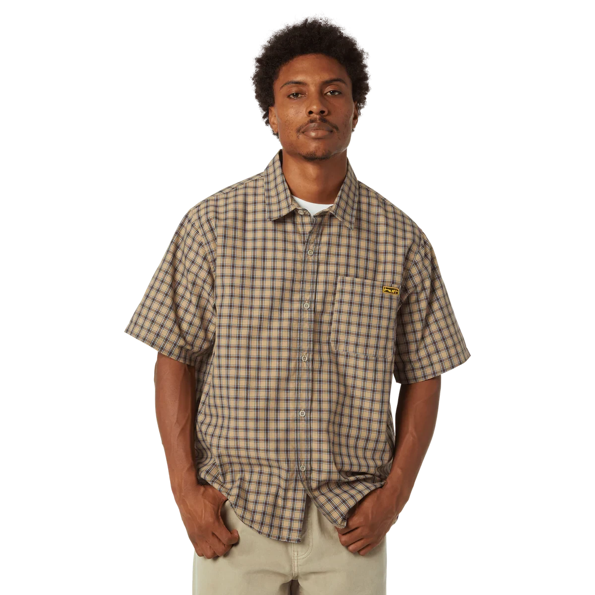 HUF Stretch Micro Plaid Short Sleeve Button-Up Shirt Clay Men's Short Sleeve Button Up Shirts Huf
