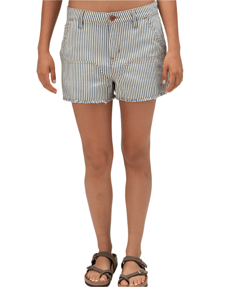 BRIXTON Women's Essex Cut Off Painter Shorts Azure Blue Pinstripe Women's Shorts Brixton