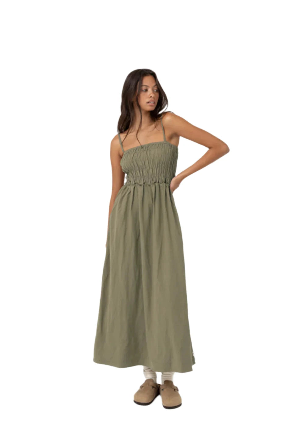 RHYTHM Women's Classic Shirred Midi Dress Olive Women's Dresses Rhythm