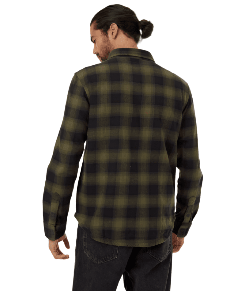 TENTREE Kapok Colville Flannel Meteorite Black/Olive Night Green Men's Long Sleeve Button Up Shirts Tentree