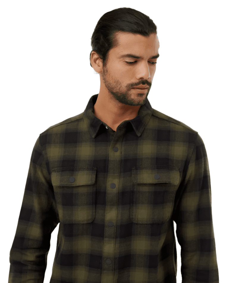 TENTREE Kapok Colville Flannel Meteorite Black/Olive Night Green Men's Long Sleeve Button Up Shirts Tentree