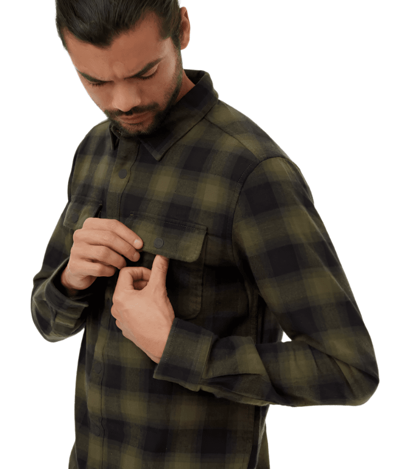 TENTREE Kapok Colville Flannel Meteorite Black/Olive Night Green Men's Long Sleeve Button Up Shirts Tentree