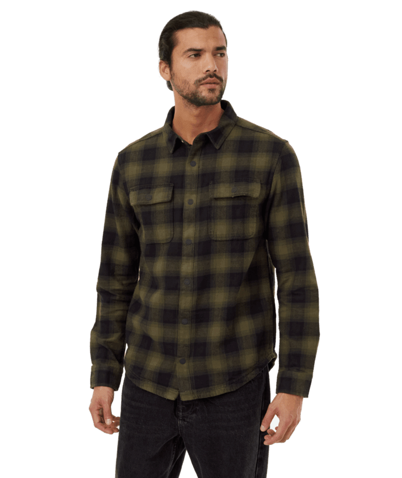 TENTREE Kapok Colville Flannel Meteorite Black/Olive Night Green Men's Long Sleeve Button Up Shirts Tentree