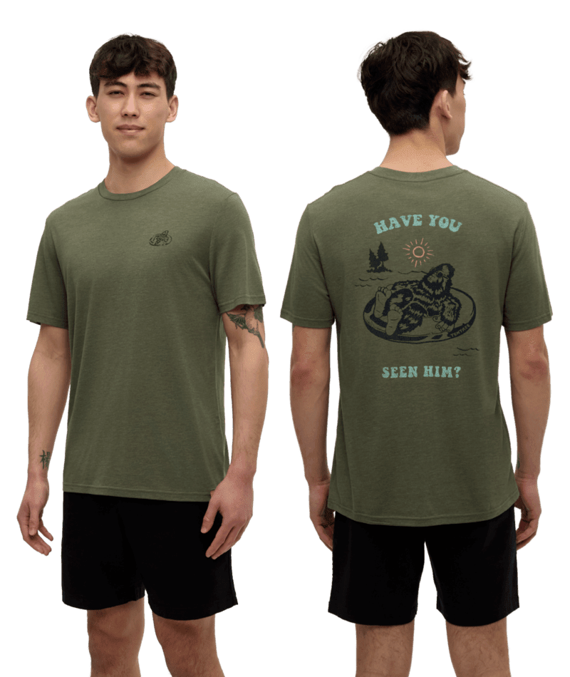 TENTREE Have You Seen Him Floatie T-Shirt Deep Olive Heather/Midnight Blue Men's Short Sleeve T-Shirts Tentree