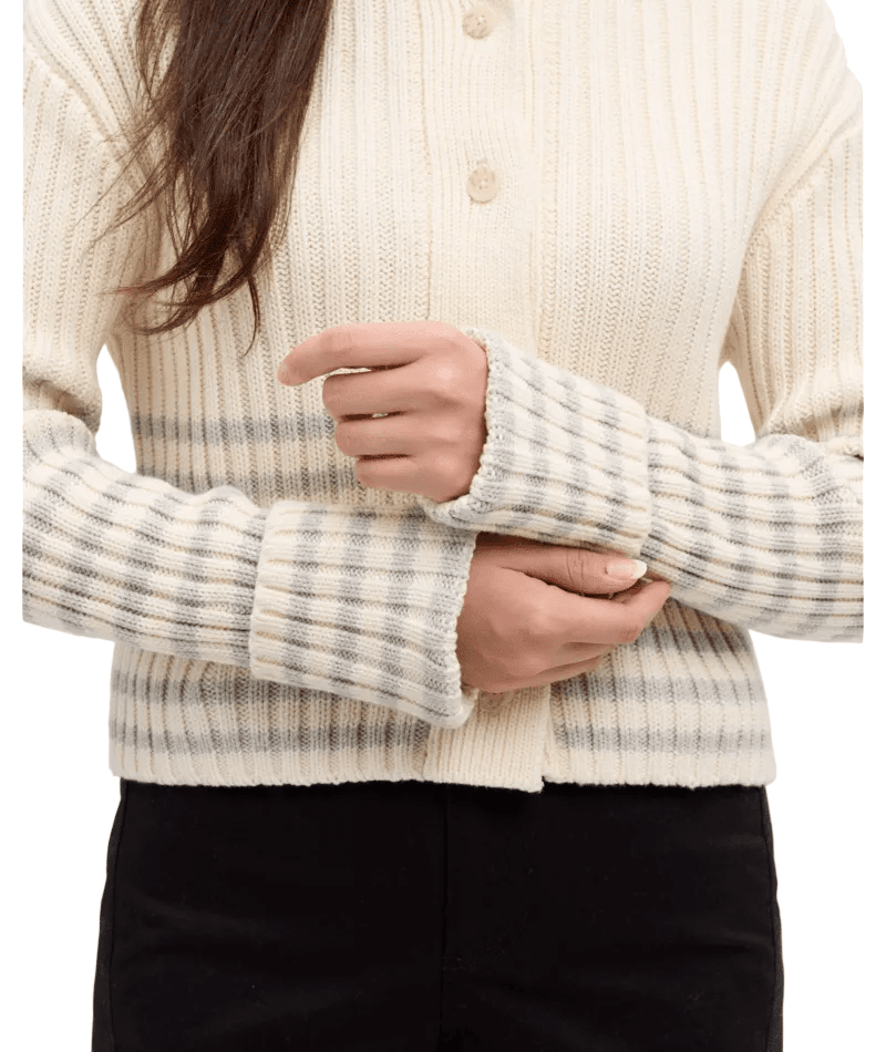 TENTREE Women's Monarch Cardigan Cotton White/Light Grey Heather Barre Stripe Women's Sweaters Tentree