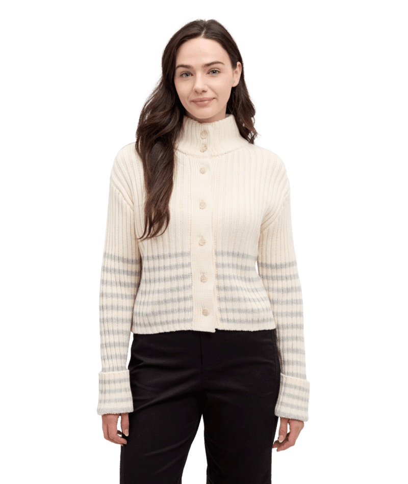 TENTREE Women's Monarch Cardigan Cotton White/Light Grey Heather Barre Stripe Women's Sweaters Tentree