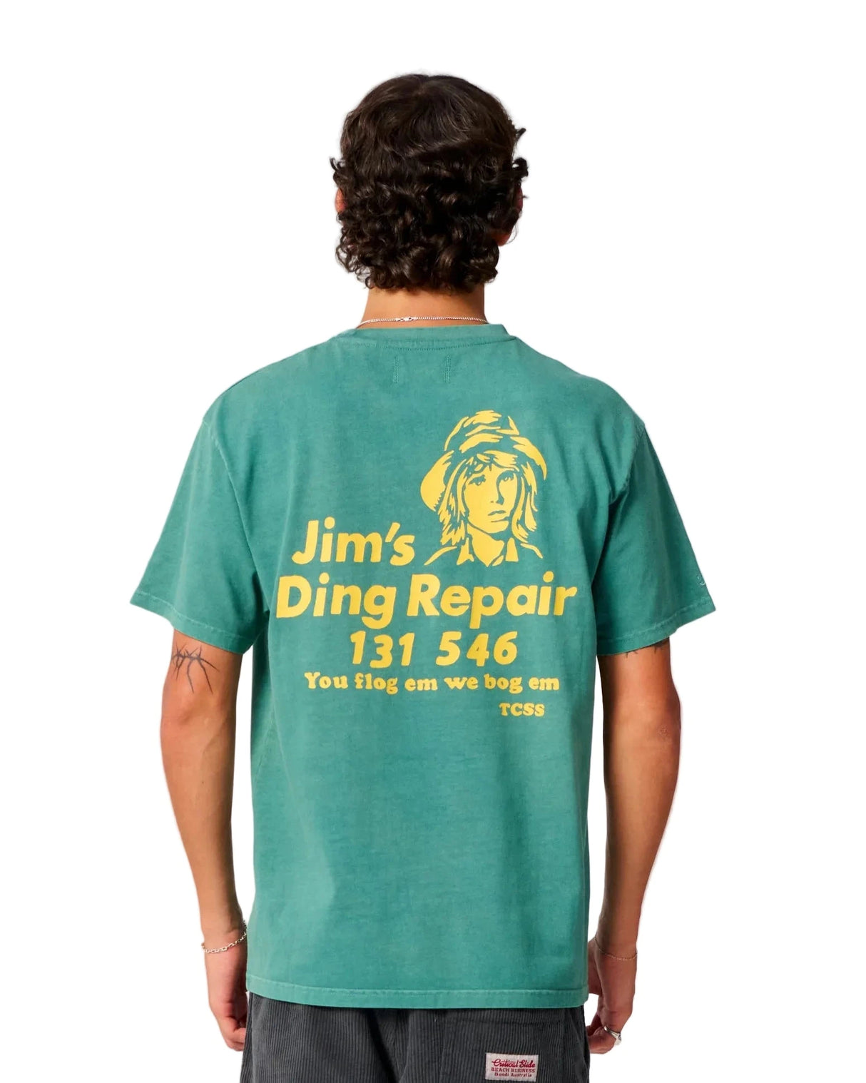 CRITICAL SLIDE Jim's Ding Repair T-Shirt Dusty Green Men's Short Sleeve T-Shirts The Critical Slide Society
