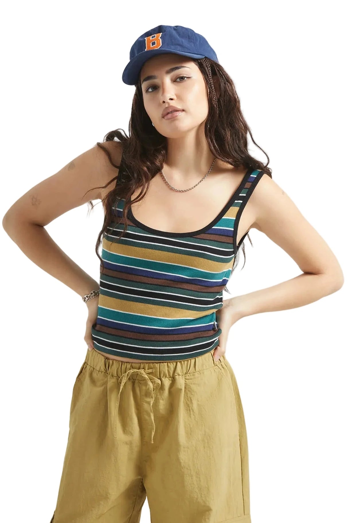 BRIXTON Women's Ringer Organic A-Tank Multi Retro Stripe Women's Tank Tops and Halter Tops Brixton