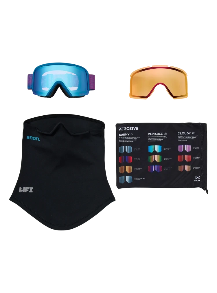 ANON Nesa S Pink Denim - Perceive Variable Blue + Perceive Cloudy Burst + MFI Face Mask Snow Goggle Snow Goggles Anon