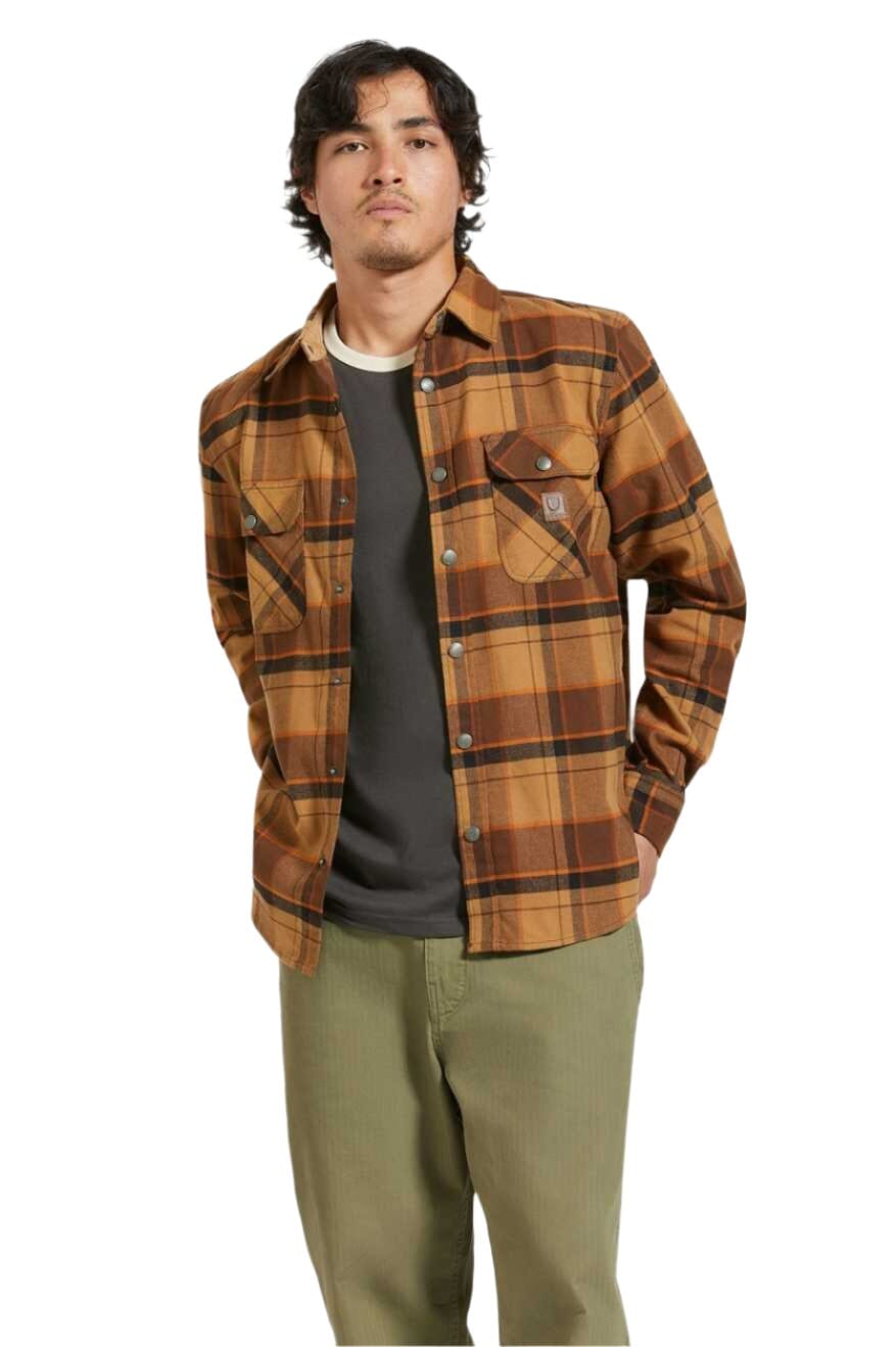 BRIXTON Builders Bowery Stretch Water Resistance Flannel Burro Brown/Pinecone Brown/Black Men's Long Sleeve Button Up Shirts Brixton