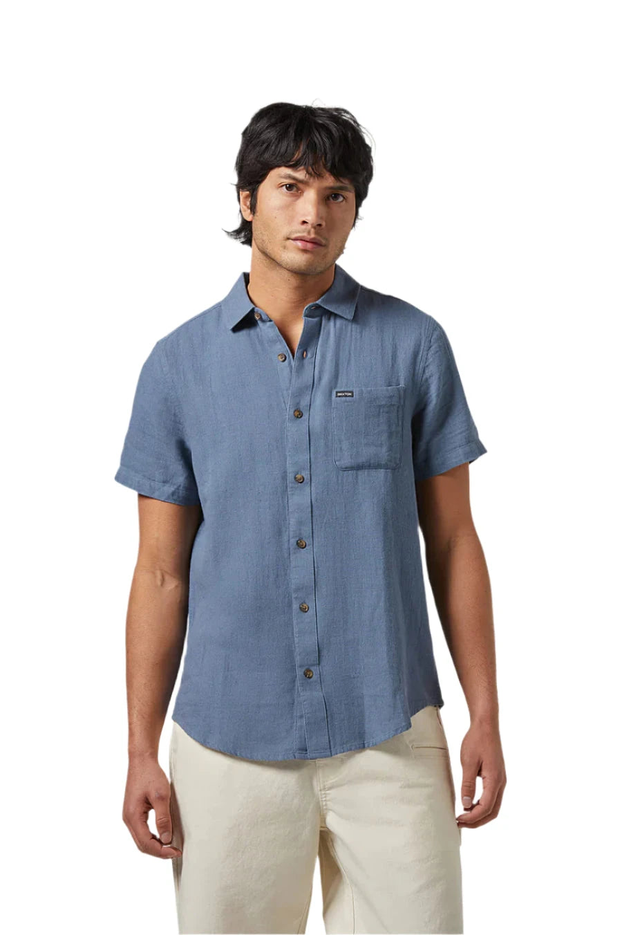 BRIXTON Charter Organic Cotton Linen Blend Short Sleeve Button Up Azure Blue Men's Short Sleeve Button Up Shirts Brixton