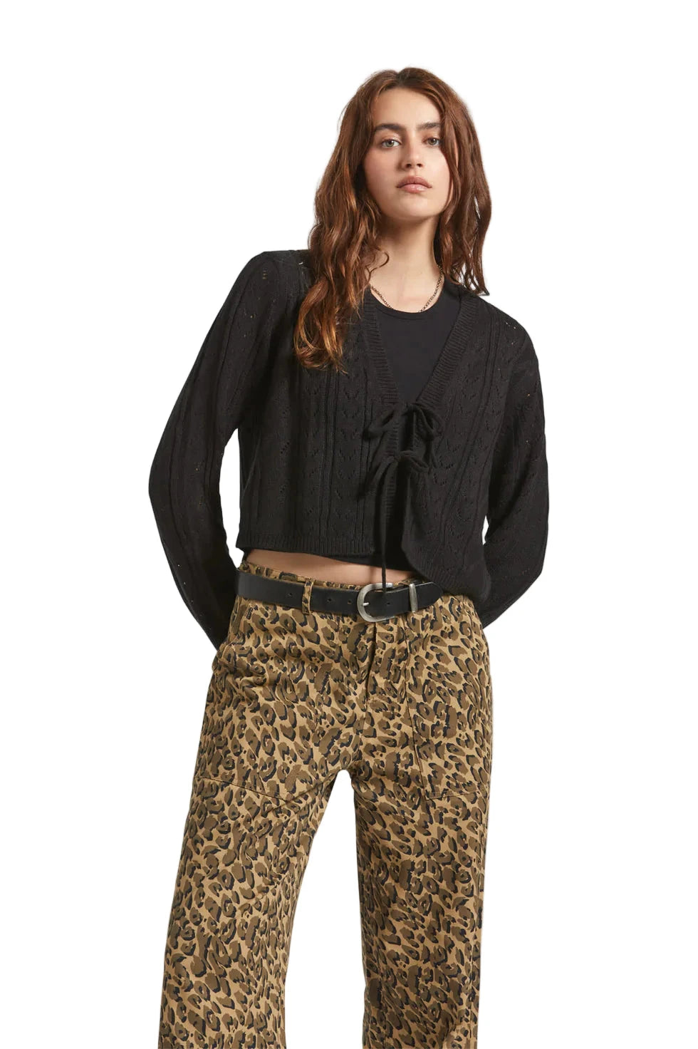 BRIXTON Women's Cropped Pointelle Tie Cardigan Black Women's Sweaters Brixton