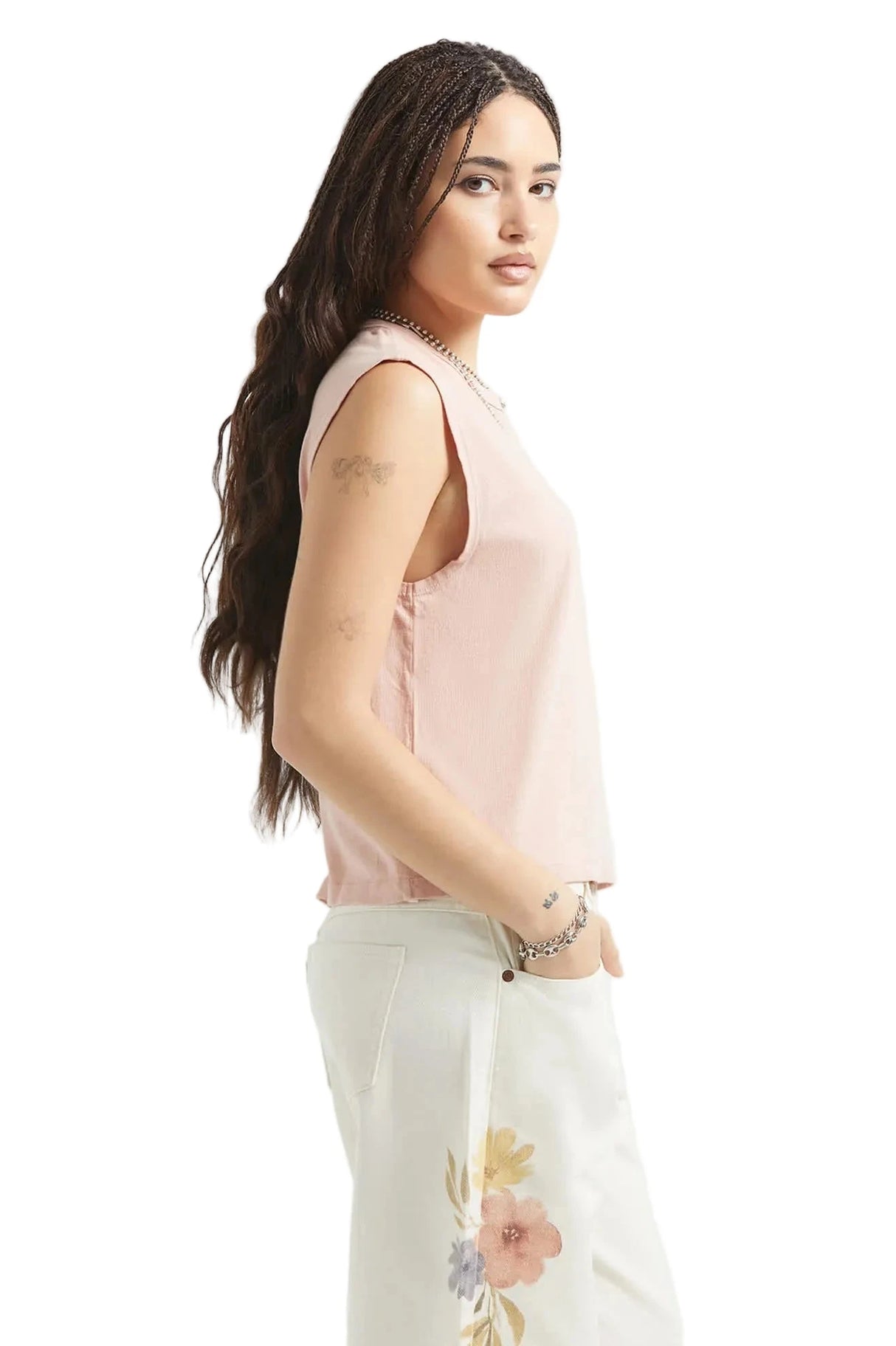 BRIXTON Women's Carefree Organic Garment Dyed Muscle Tank Silver Pink Women's Tank Tops and Halter Tops Brixton