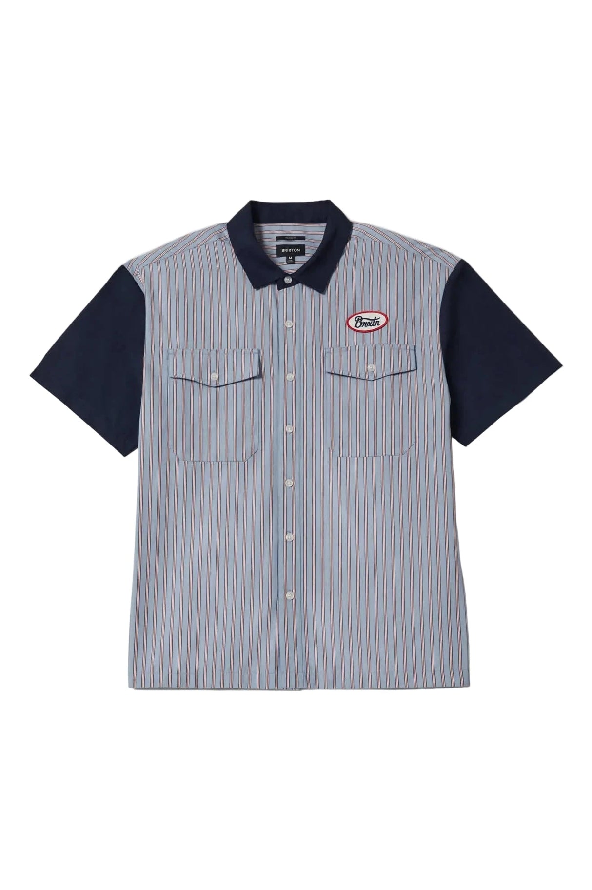 BRIXTON Builders Olson Woven Short Sleeve Button Up Shirt Aura Blue Stripe Men's Short Sleeve T-Shirts Brixton