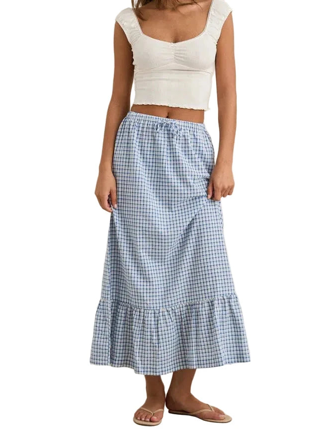 RHYTHM Women's Lola Check Tiered Maxi Skirt Blue Women's Skirts Rhythm