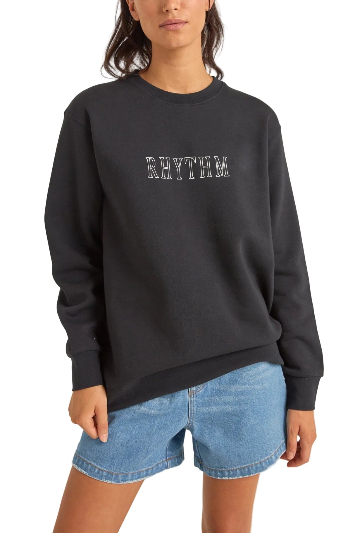 RHYTHM Women's Flagship Boyfriend Fleece Crew Black Women's Crewnecks Rhythm