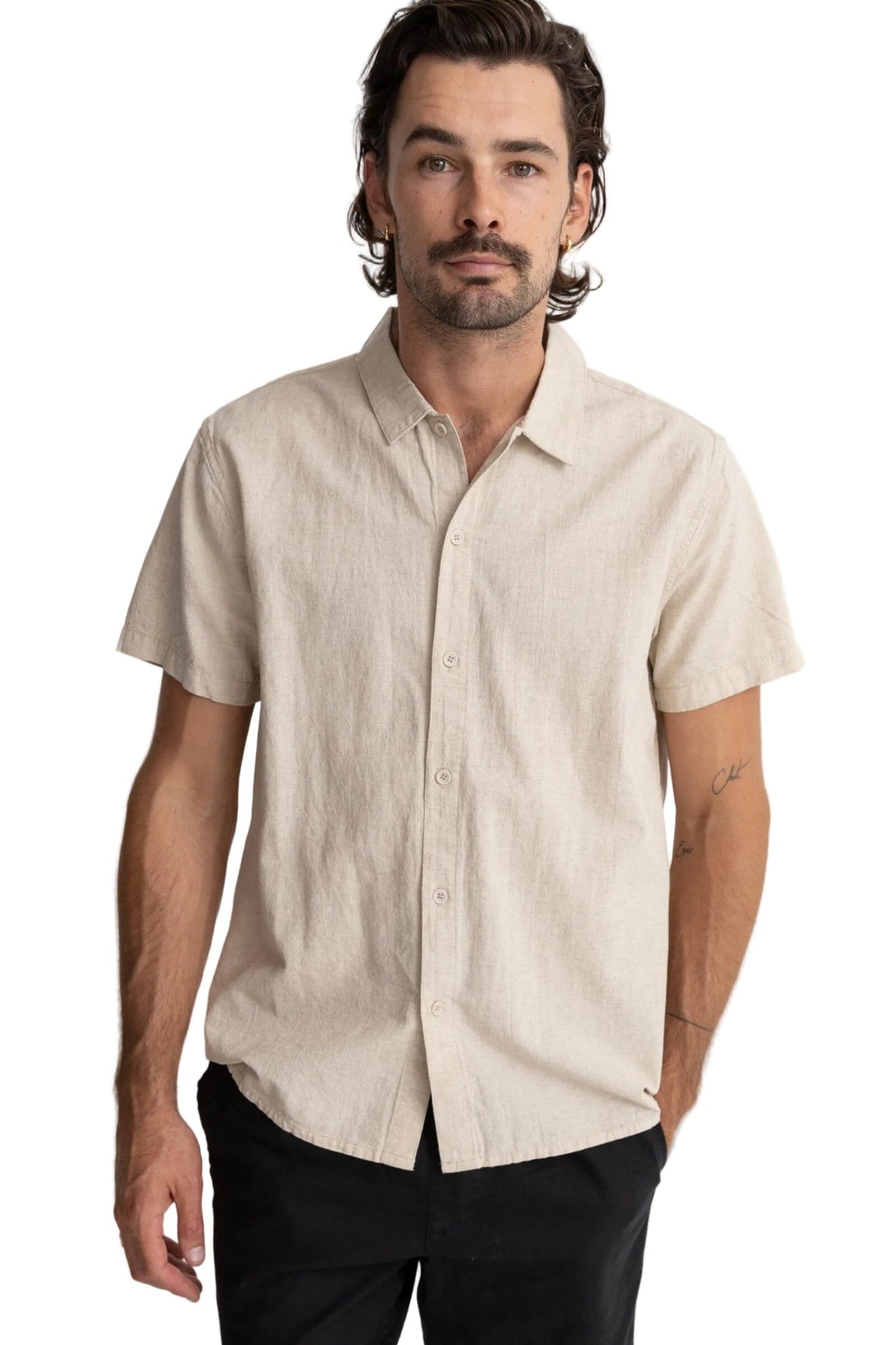 RHYTHM Classic Linen Short Sleeve Button Up Shirt Sand Men's Short Sleeve Button Up Shirts Rhythm