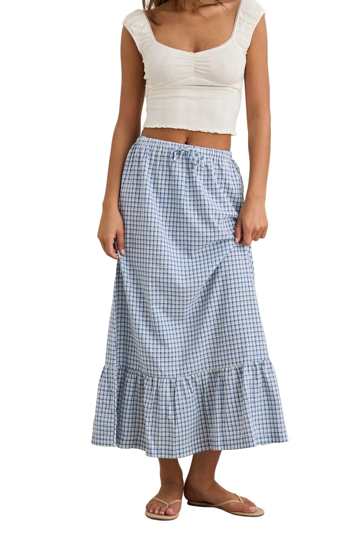 RHYTHM Women's Lola Check Tiered Maxi Skirt Blue Women's Skirts Rhythm