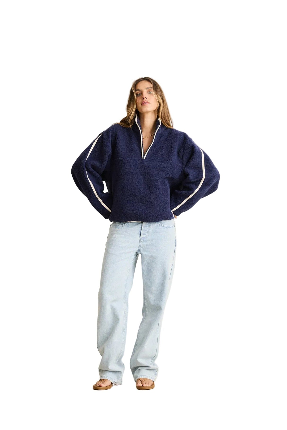 RHYTHM Women's Camp Half Zip Sherpa Pullover Ocean Women's Crewnecks Rhythm