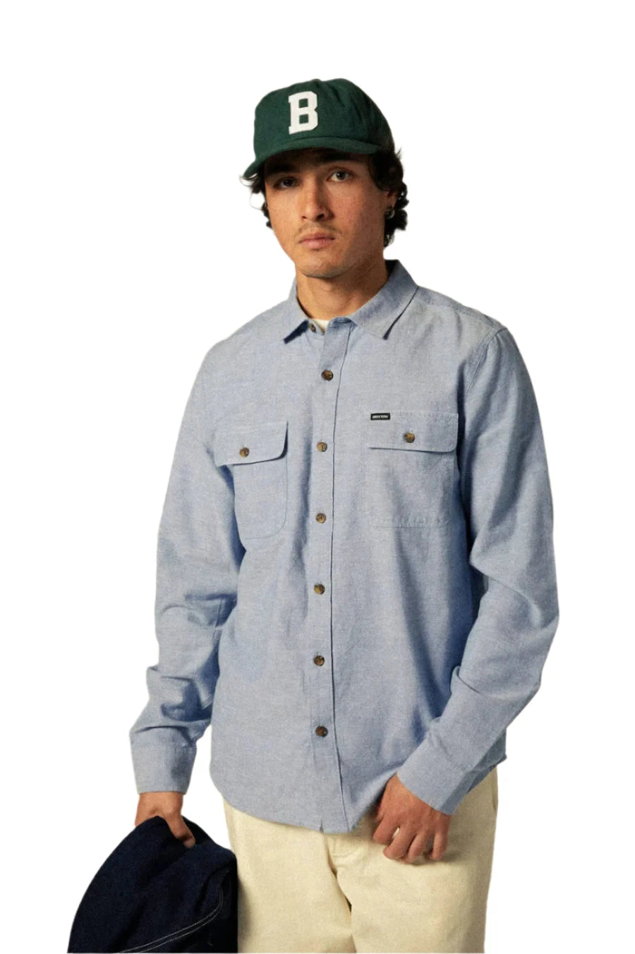 BRIXTON The Daily Cotton Long Sleeve Button Up Medium Wash Chambray Men's Long Sleeve Button Up Shirts Brixton