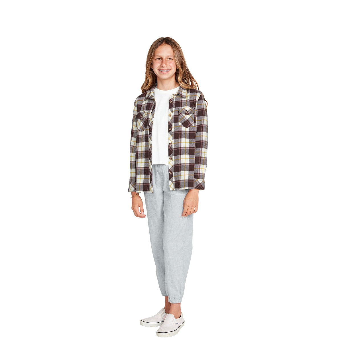 VOLCOM Girls Getting Rad Plaid Long Sleeve Flannel Espresso Girl's Long Sleeve T-shirts Volcom