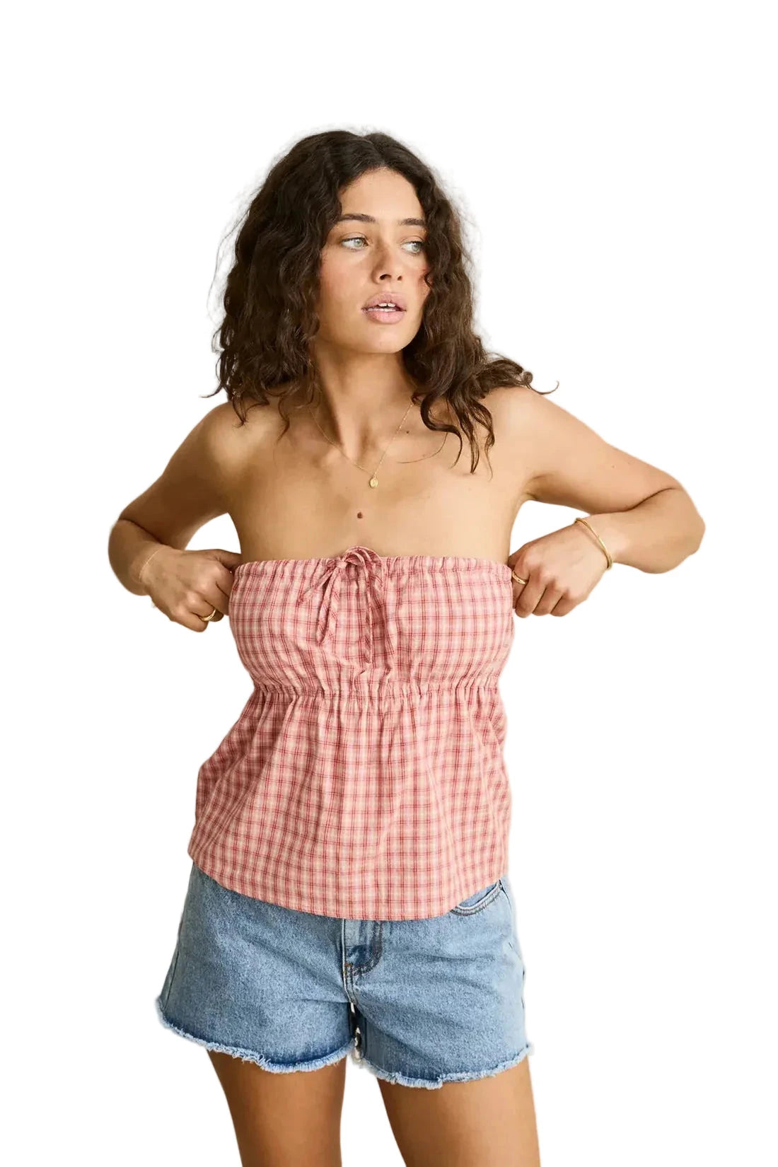 RHYTHM Women's Kirra Check Strapless Top Pink Women's Tank Tops and Halter Tops Rhythm 