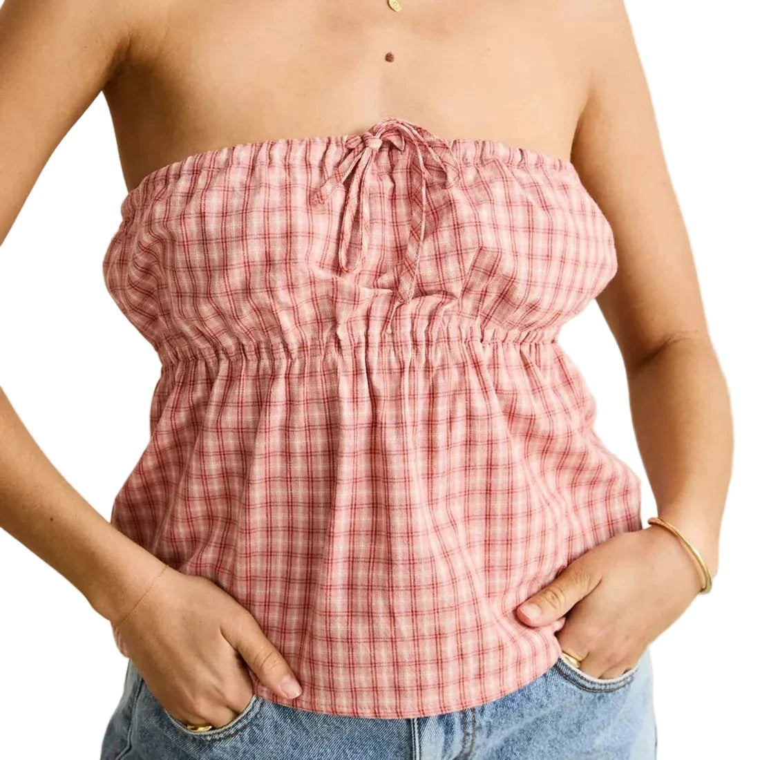RHYTHM Women's Kirra Check Strapless Top Pink Women's Tank Tops and Halter Tops Rhythm 