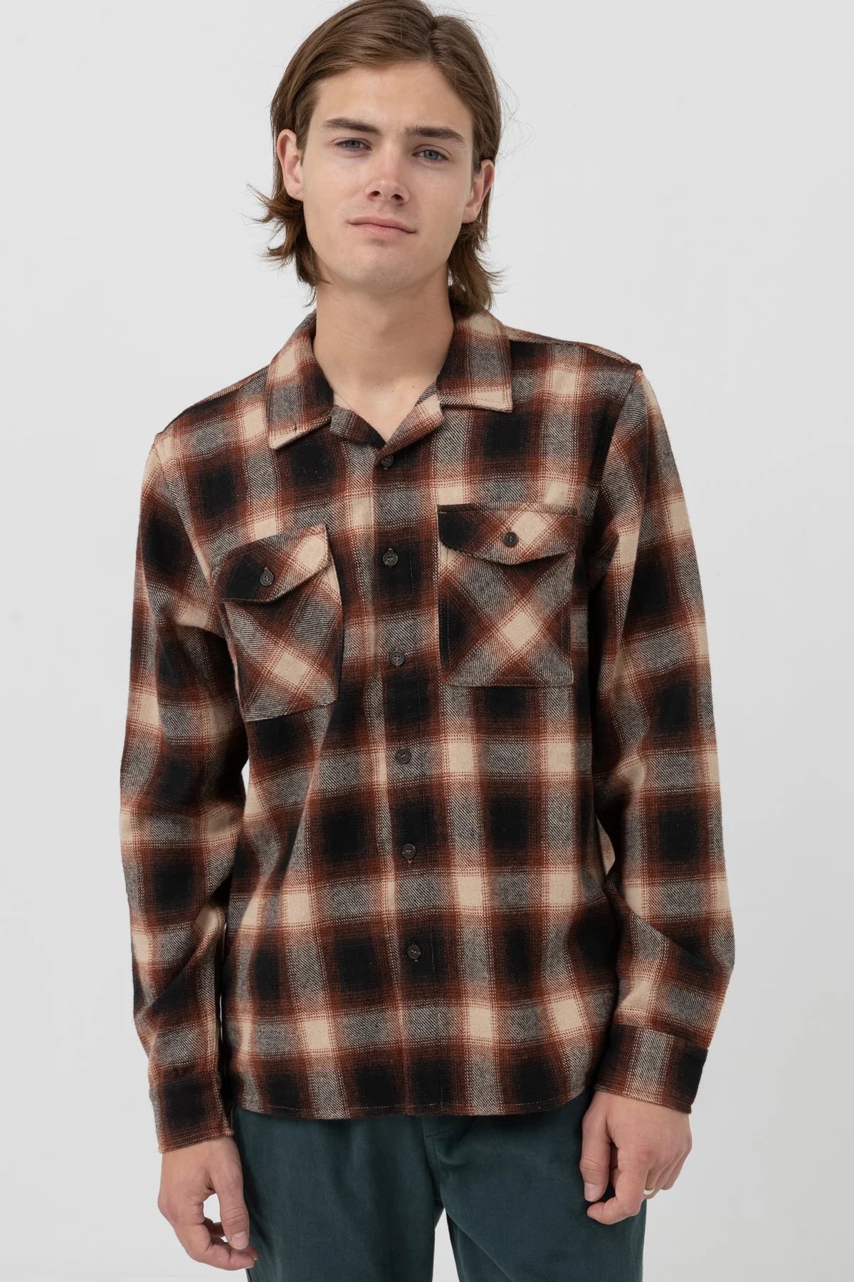 RHYTHM Plaid Flannel Rust Men's Long Sleeve Button Up Shirts Rhythm 